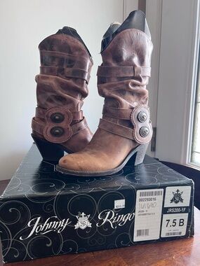 Johnny Ringo Brown Slouchy Western Concho Heeled Boots
